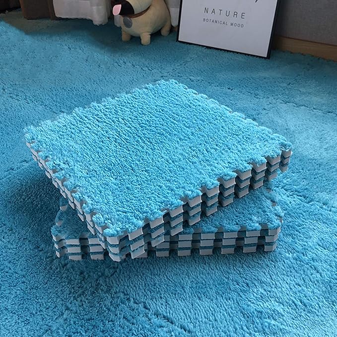 Interlocking Carpet Shaggy Soft EVA Foam Mats Fluffy Area Rugs Protective Floor Tiles Exercise Play Mat for Children Kids Room Home Parlor Bedroom (12 pcs, Blue)