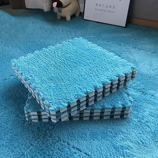 Interlocking Carpet Shaggy Soft EVA Foam Mats Fluffy Area Rugs Protective Floor Tiles Exercise Play Mat for Children Kids Room Home Parlor Bedroom (12 pcs, Blue)