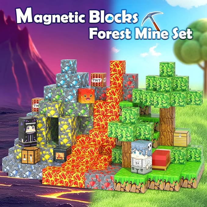 Magnetic Blocks - Build Mine Magnet World Forest Mine Set Magnet Building Blocks Kids Toys for 3+ Year Old Boys & Girls 1'' Magnetic Cubes STEM Sensory Building Toys Kids Game Xmas Gifts