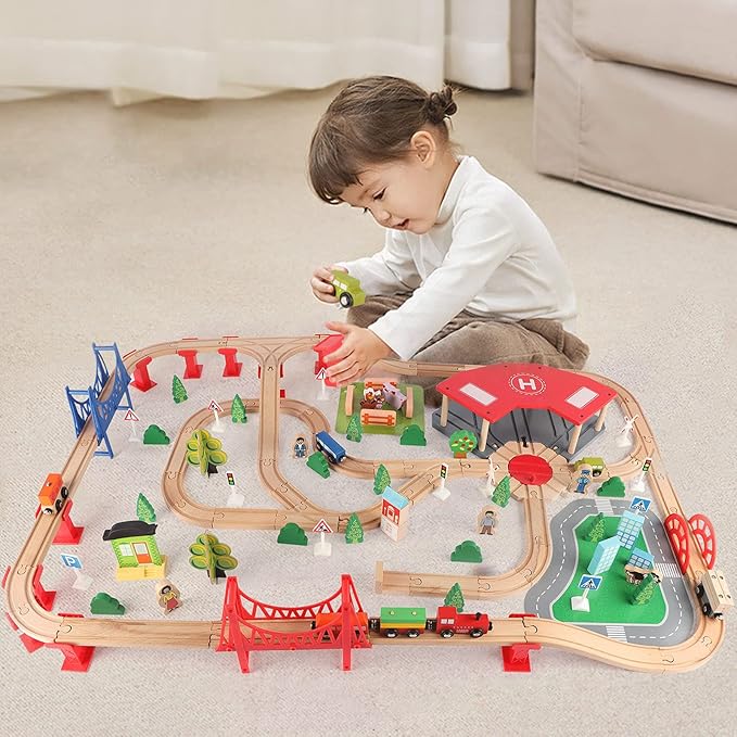 Qilay 140 Pcs Wooden Train Set, Delux Toddler Train Set Railway Kits for Kids, Premium Wood Friendly Building Construction City Train Tracks Toy for 3,4,5 Year Old Boys and Girls