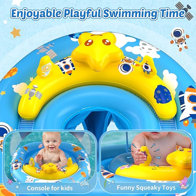 Baby Pool Float with Canopy UPF50+ Sun Protection, Inflatable Kids Pool Floats Infant Swimming Float with Toy Play Console Adjustable Safety Seat for Kids Girls Boys Aged 6-36 Months