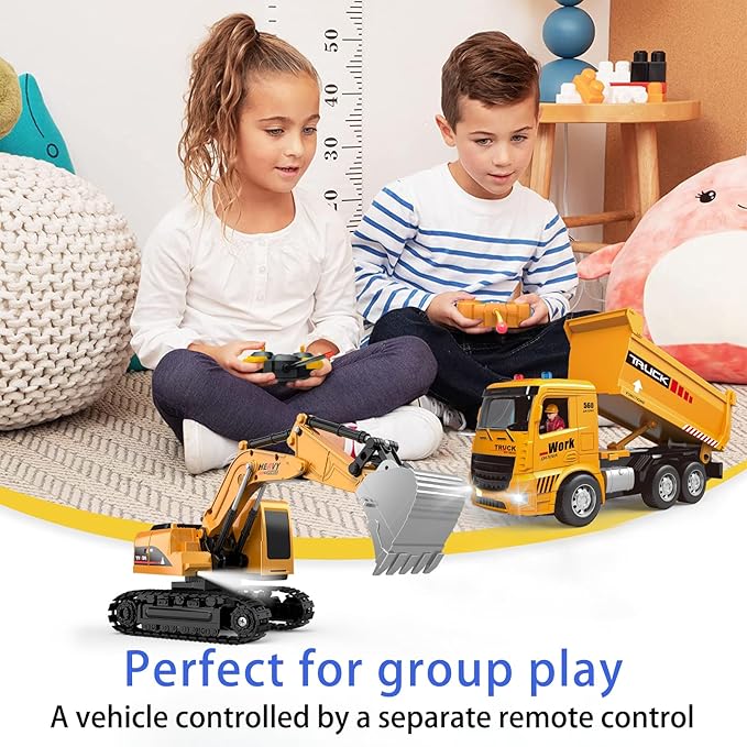 Remote Control Excavator and Dump Truck Toy Set - RC Construction Vehicles Toy with Barricades, Road Signs, Simulated Rocks, Lights and Sounds, Present for Toddlers 3-12 Year Boys Girls