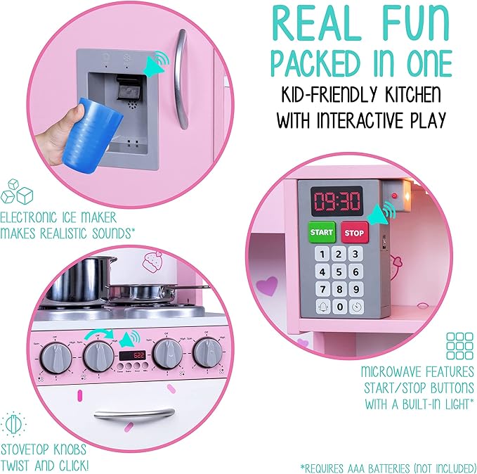Lil' Jumbl Kids Kitchen Set, Pretend Wooden Play Kitchen, Battery Operated Icemaker & Microwave with Realistic Sound, Pots & Pan Included - Pink
