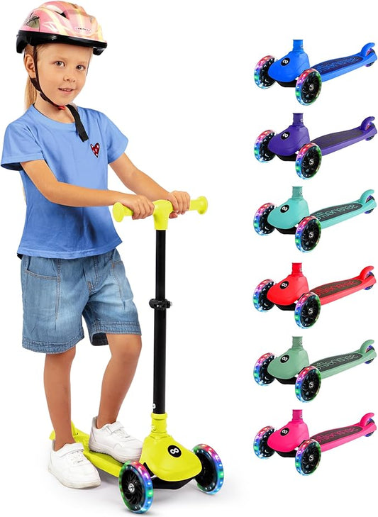SereneLife 3 Wheel Foldable Kids Scooter - Foldable Seat, LED Wheel Lights, Adjustable Handlebar, Rear Foot Brake, Lean-to-Steer, Anti-Slip Deck, Ideal for Toddlers Kids 3+, up to 110Lbs