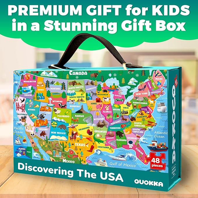 QUOKKA Giant Floor Puzzle for Kids Ages 4-6 – 2x3 Feet Extra-Thick 48 Pieces Toddler Puzzle Ages 3-5 – USA Map Educational Activity for Boys Girls – Premium Box with Sturdy Handle & Magnetic Closure