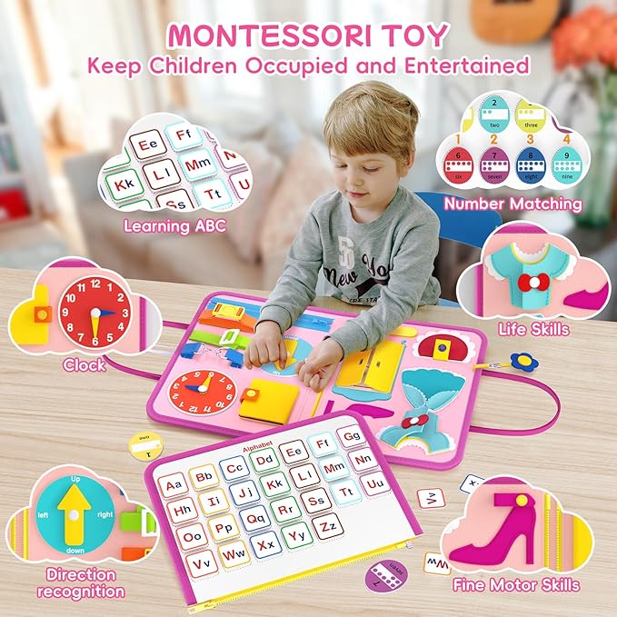 Freebear Busy Board Toddler Travel Toys Sensory Toys for Toddlers 1 2 3 4, Montessori Learning Toys for Toddlers Activities Board, Educational Toys for 3 4 Year Old Boys Girls Gift, Princess