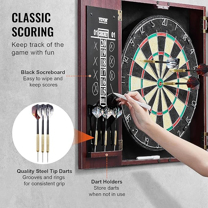 VEVOR Dart Board Cabinet Set, Multiple Styles Ready-to-Play Bundle Official Size, Steel Tip Dart Hideaway Cabinet, Features Easy Assembly, Complete with All Accessories, Perfect for Cricket Games