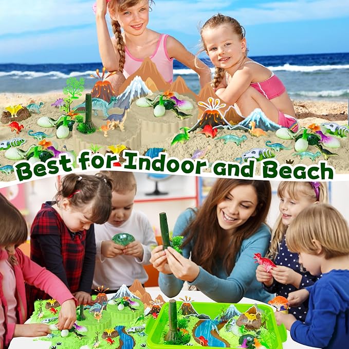 Dinosaur Sensory Bin Toys for Kids, 49Pcs Dinosaur Sandbox Play Sand Kit with 2.2lbs Magic Sand, Dino Figures, Forest Scene Models, Shovel, Preschool Toddler Activities Birthday Gift for Age 3-8