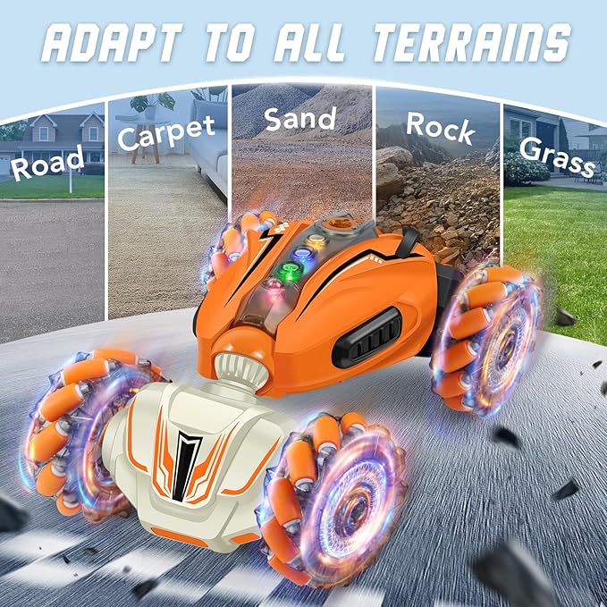 Gesture Sensing RC Car Hand Controlled Remote Control Car with Spray, 2.4Ghz All Terrain Remote Toy C-ar for Kids, Transformed Vehicle 360° Spins LED Present Speedcar for 3-12yr Boys Girls Orange