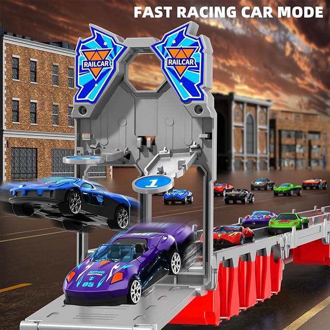 Racing Car Railway Truck Toy for Boys 2 3 4 5 6 7 Years Old - 78.7-inch Transport Carrier Trucks, Foldable Tracks Storage, die-cast Car, for Toddlers and Kids Aged 3-5