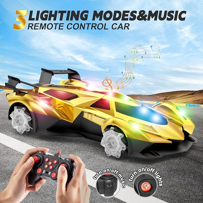 SASBSC Remote Control Car Toy for Boys Age 8-12, 1:12 Scale Gold Lambo Toy with 360°Rotating Drifts Colorful Lights、Spray& Musics, Speed 10-12km/h RC Race Toy Car for Boys Girls Birthday