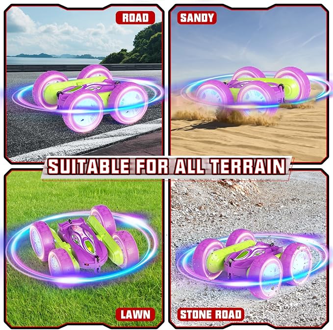 Remote Control Car Toys for Boys & Girls, 4WD Gesture RC Stunt Cars, High Speed RC Truck with Double Sided 360 Flips and Headlights Wheel Lights, Off-Road Stunt Car Toys for Kids 6-12 yr (Purple)