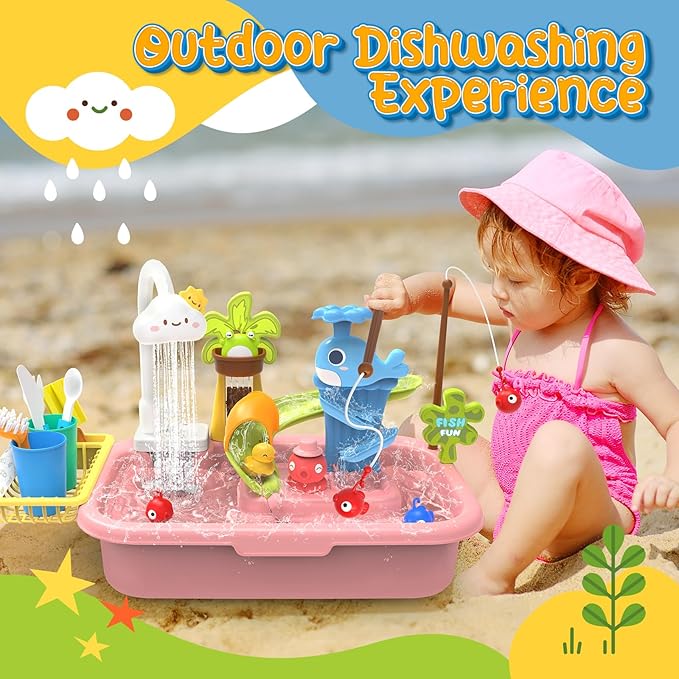 Play Sink with Running Water, 4-IN-1 Kids Kitchen Sink Toys with Electric Faucet, Water Table Floating Pool Toy w/ Fishing Game, Duck Slide, Pretend Play Dishwasher Set for Toddler Boys Girls (Pink)