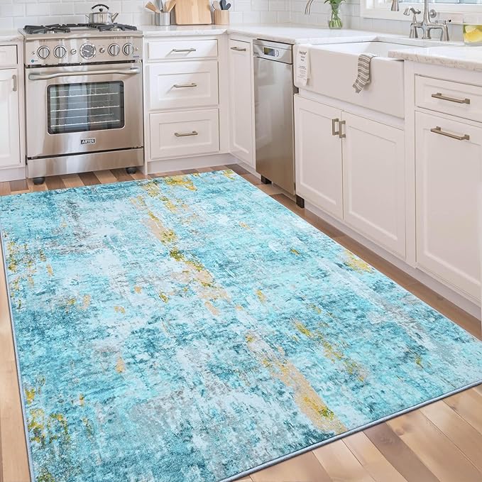 Area Rug 4x6 Teal Blue Rug Washable Boho Rugs Non Slip Low Pile Abstract Small Carpet for Entryway, Bedroom, Kitchen, Classroom, Kids Room, Office, Dorm, Dining Room