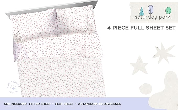 Saturday Park Pink Hearts Full Sheet Set - 4 Piece 100% Organic Cotton Sheets - GOTS & Oeko-TEX Certified