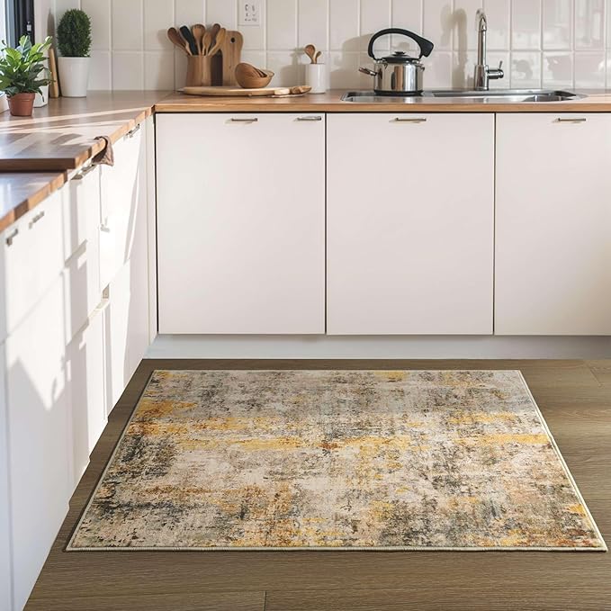 Entrance Rugs Indoor 2x3 Beige Entry Rug Washable Abstract Small Area Rug Non-Slip Low Pile Light Tan Throw Rugs for Entryway, Kitchen Floor, Front Door Indoor Door Mat, Bedroom Bedside