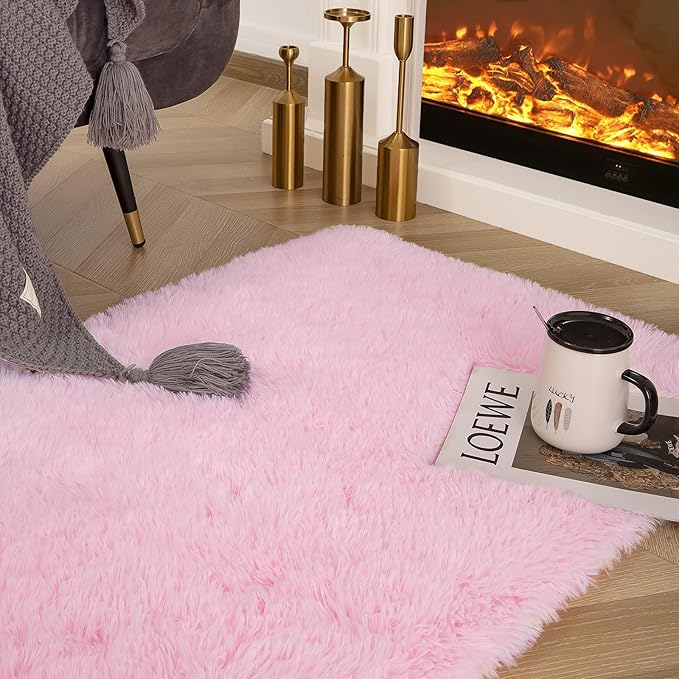 Ompaa Fluffy Runner Rugs, 2x6 Feet Pink, Super Soft Shaggy Carpet Fuzzy Long Fur Rug for Bedroom Living Room Dorm, Plush Kids Playroom Baby Girls Nursery Decor Mats