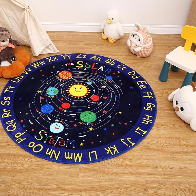 4ft Round Solar System Rug for Kids Bedroom Non Slip Outer Space Rugs Kids Play Mat Ultra Soft ABC Alphabet Learning Planet Carpet Low Pile Circle Area Rug for Playroom Classroom Nursery Blue
