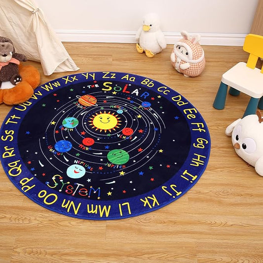 4ft Round Solar System Rug for Kids Bedroom Non Slip Outer Space Rugs Kids Play Mat Ultra Soft ABC Alphabet Learning Planet Carpet Low Pile Circle Area Rug for Playroom Classroom Nursery Blue