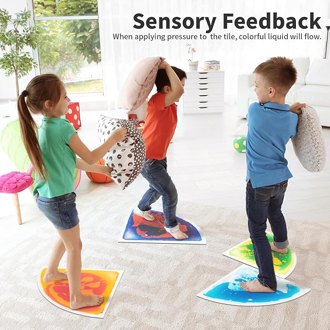 Art3d 4-Pack Colorful Liquid Sensory Floor Tiles, Fan-Shaped Liquid Fusion Sensory Dance Mats for Kid Toddler, 13" x 13"
