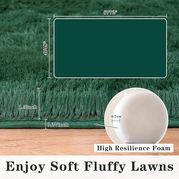 Super Soft Area Rugs for Living Room, 4x6 Feet Modern Shag Dark Green Rug, Fluffy Plush Non-Slip Green Carpet for Girls Boys Teens, Kids Home Decor for Bedroom Dorm Nursery Classroom, Carpets