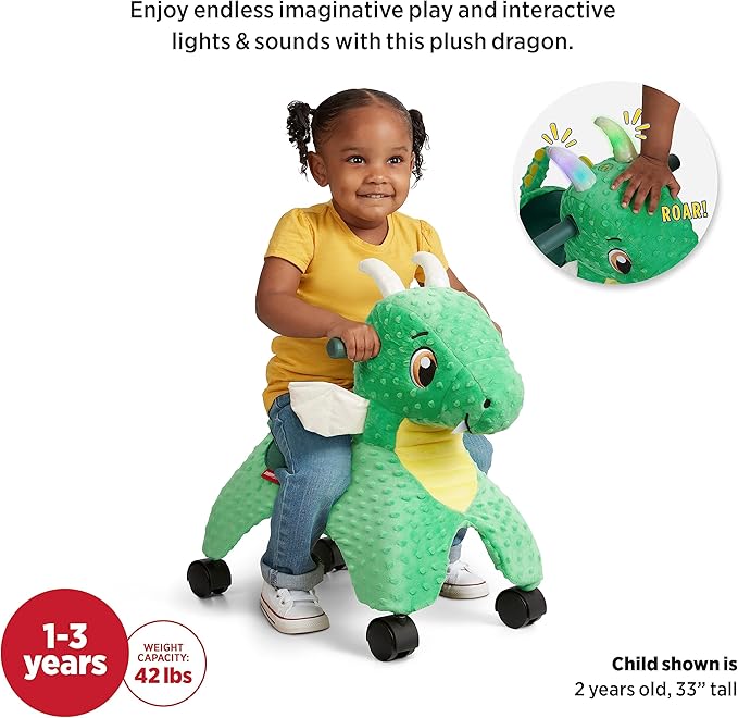 Radio Flyer Jade The Magical Dragon with Interactive Lights and Sounds, Ride On Toy for Toddlers Ages 1-3, Green Dragon Toy for Kids