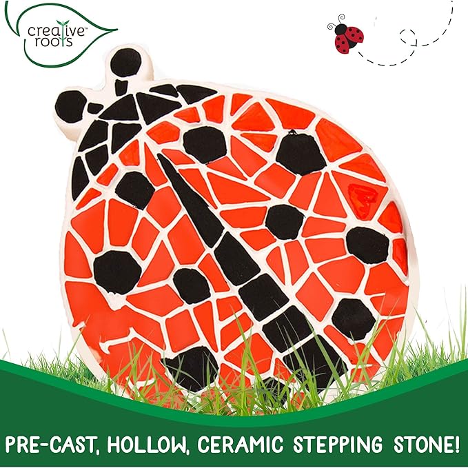 Creative Roots Mosaic Ladybug Stone, Includes 7-Inch Ceramic Stepping Stone & 6 Vibrant Paints, DIY Garden Stepping Stone Kit for Kids Ages 6+