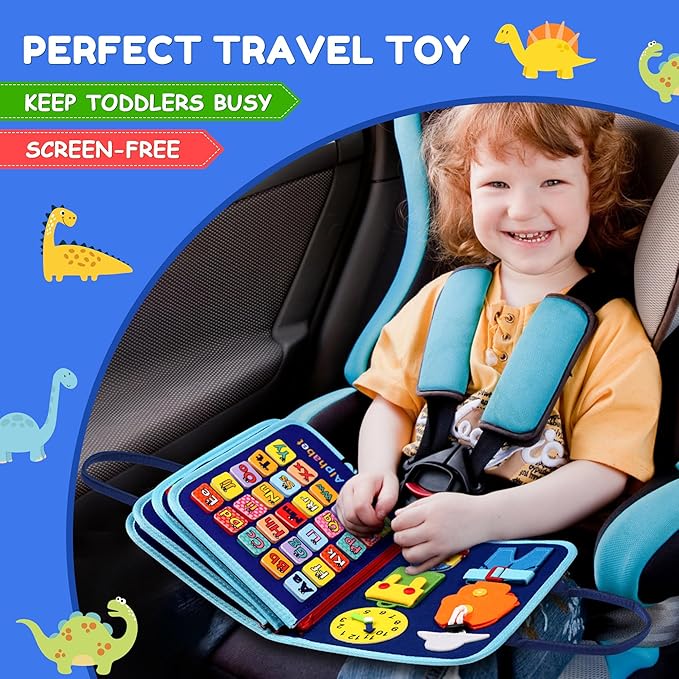 Toddler Busy Board for 1 2 3 Year Old Boys and Girls, Montessori Sensory Toys for Toddlers, Preschool Learning Activities Busy Book, Travel Toys for Airplane Car, Educational Birthday Gifts for Kids