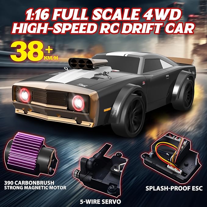 RC Drift Car 1/16 Scale 38KM/H Fast 4WD RC Car 2.4Ghz with 6 Modes of Light 2Pcs Rechargeable Batteries Racing for Boys and Adults Gift