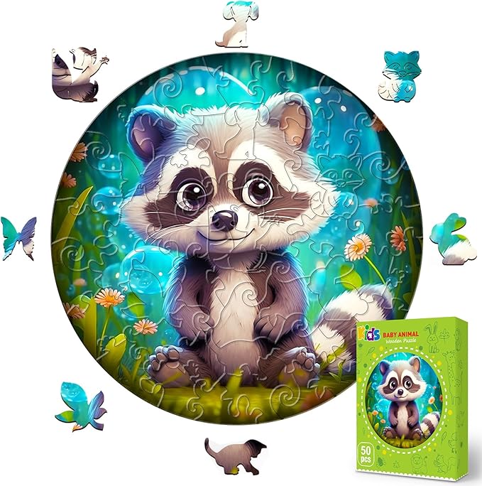 Easter Gifts for Kids Girls Boys, Easter Basket Stuffers, Wooden Jigsaw Puzzles for Kids Ages 4-6, 50 Piece Unique Shape Animal Theme Puzzle - Preschool Learning Educational Toys for Kid 3+ (Raccoon)