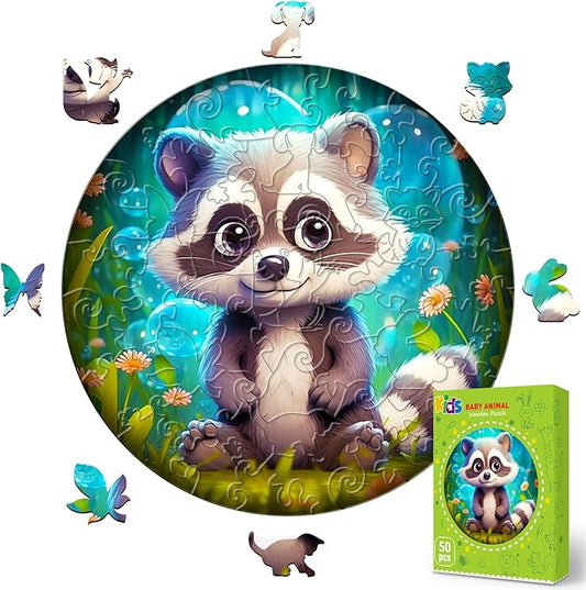 Easter Gifts for Kids Girls Boys, Easter Basket Stuffers, Wooden Jigsaw Puzzles for Kids Ages 4-6, 50 Piece Unique Shape Animal Theme Puzzle - Preschool Learning Educational Toys for Kid 3+ (Raccoon)