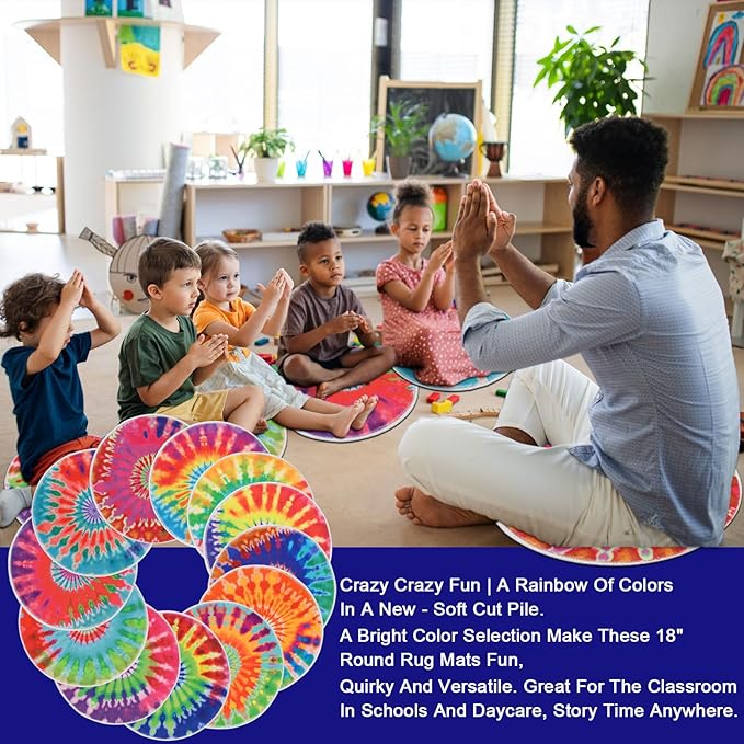 HiiARug Rainbow Carpet Circles for Classroom Sitting 12pcs Rainbow Crazy Carpet Circle Seats Colorful Children's Area Rug for Kids Playroom Daycare Preshool Room Decor 18"x18"