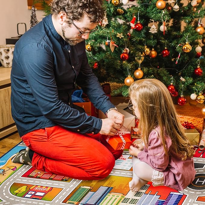 Booooom Jackson Kids Car Rug,Car Mat for Kids Toy Cars,Road Carpet Playmat Rug,Buildings Parking Helipad Printed on,Non-Slip Play Race Track Carpet for Play Room Bedroom