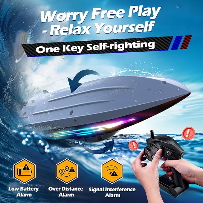 RC Boat 30KMH with 7Light Modes,Remote Control Electric Fast Speed Boat for Adults Kids 8-12 Lake Pool Water Play,Self-righting,Demo,Water Cooling,Full Waterproof,20 Mins,Low Battery Alert,2.4Ghz,Red