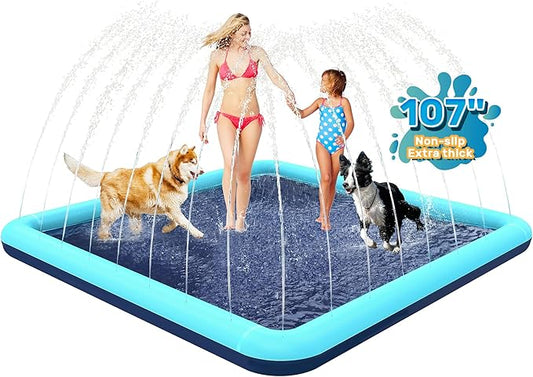 107'' Splash Pad for Dogs, Non-Slip Sprinkler for Kids, Square Splash Pad for Kids Ages 4-8, Splash Pads for Toddlers 1-3, Dog Sprinkler Shallow Pool, Outdoor Water Toys for Backyard, Teal
