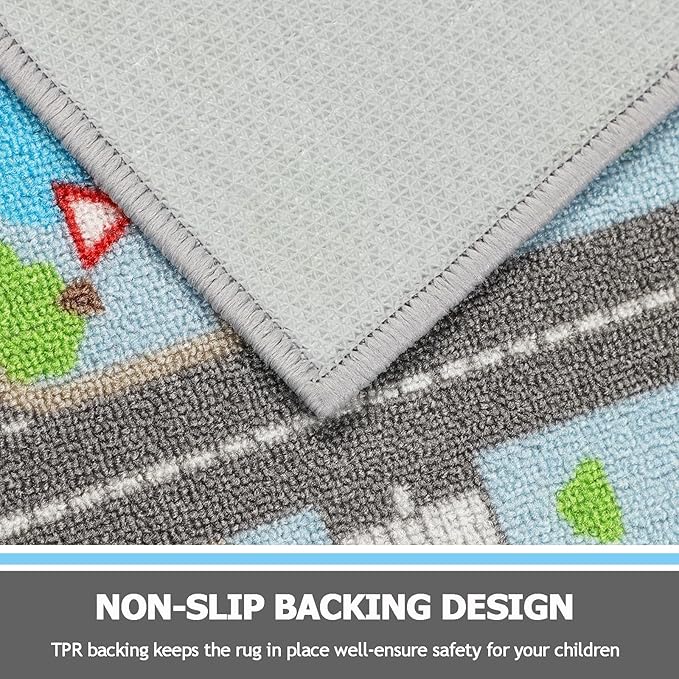 Capslpad Sky Blue Car Road Kid Rug Carpet Playmat for Playoom Traffic Road Kids Play Mat for Toddler Non Slip Washable City Map Race Track Carpet Rug for Kids Room Bedroom Nursery Room Decor,5.2'x3.3'