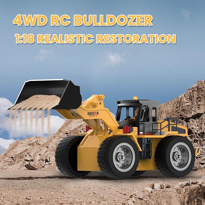 RC Bulldozer Toy Remote Control Bulldozer RC Construction Vehicles for Boys 1:18 Remote Control Tractor with Alloy Shovel Off-Road 4WD Light and Sounds RC Truck for Christmas Adults Gift Kids
