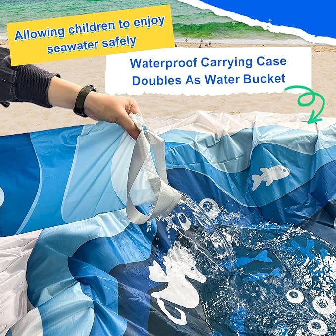 Square Baby Beach Pool, 6.5 X 6.5Ft Portable Cartoon Ocean Theme Toddler Beach Puddle, Waterproof Sandproof 2 in 1 Cute Toddler Paddling Pool Beach Blanket with Carrying Bag for Boys Girls