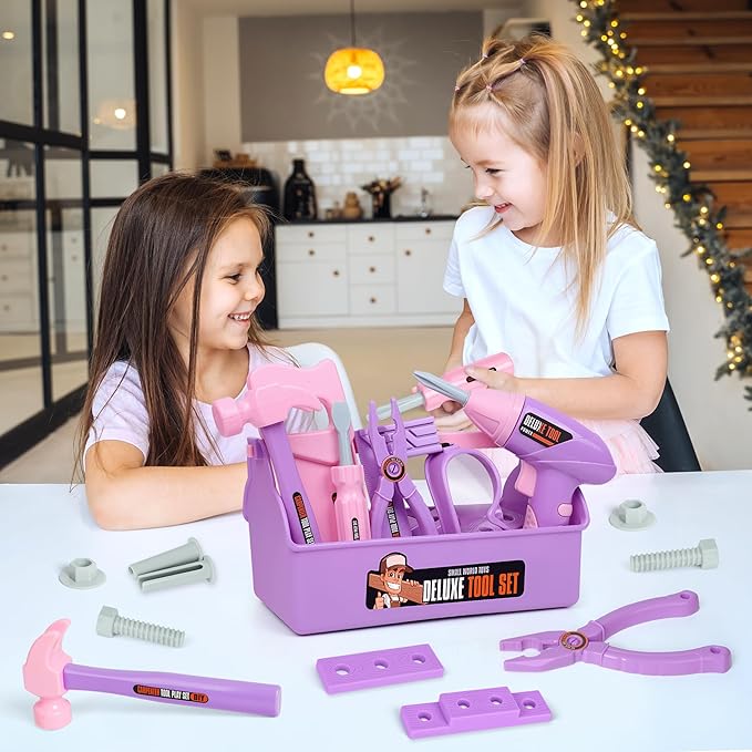 Kids Tool Set - Tool Box & Electronic Toy Drill, Pretend Play Kids Construction Tool Kit,18 Pcs Toddler Tool Set Birthday, for Boys, and Girls Ages 3 4 5 6 7 Year Old(Purple)