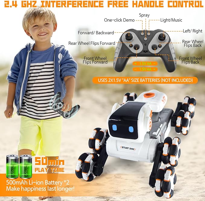 Robot Dog Toy for Kids,2.4Ghz Remote Control Dog Stunt Robot Dog 2nd Gen Remote Control Cars Stunt Rc Cars with Light & Sound Toys Christmas Birthday Gifts for 6 7 8 9 10 11 12 Year Old Boys (white)