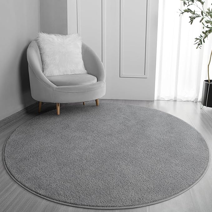 FlyDOIT Round Area Rugs for Bedroom Living Room, 5x5 Grey Super Soft Comfy Thickened Memory-Foam Indoor Circle Carpets, Modern Aesthetic Minimalist Carpet for Boys Girls Adults Nursery Home Décor