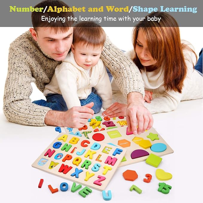 Wooden Puzzles for Toddlers, Voamuw Alphabet Number Shape Learning Puzzle for Kids Ages 3 4 5, Montessori Toys Preschool Education Chunky Jigsaw for Boys and Girls
