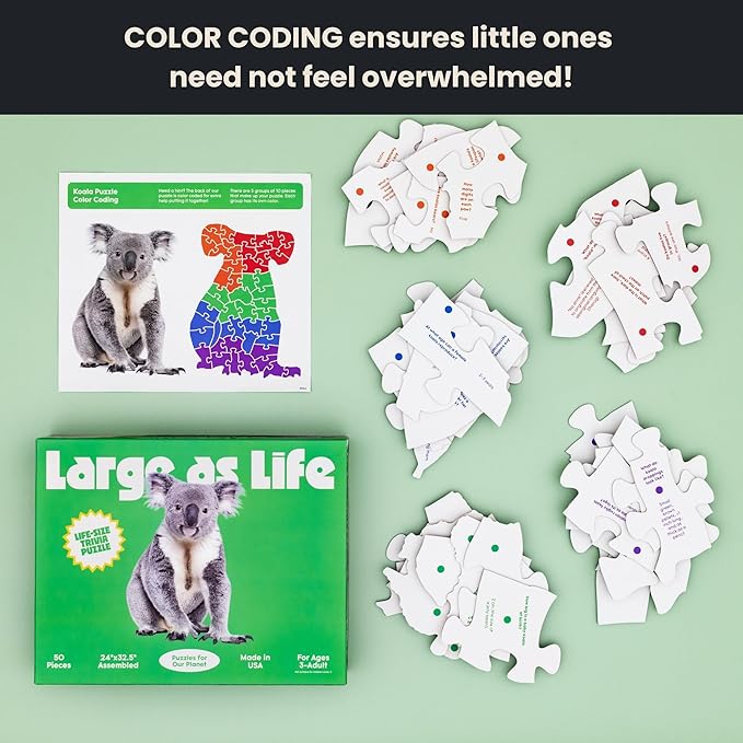 50 Piece Trivia Floor Jigsaw Puzzle - Life Size Koala - Educational Trivia On Each Piece – Fun Gift for Kids Enjoyable for Adults, Ages 3+ XL Puzzle Size Assembled 24" x 32.5" - Made in USA