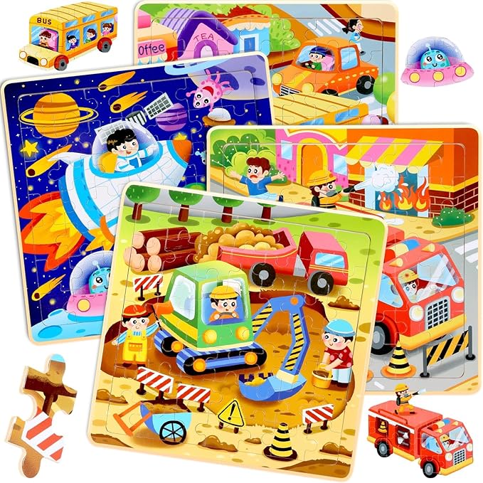 Puzzles for Kids Ages 4-6 - 48 Pcs Wooden Realistic Montessori Toddler Puzzles Ages 3-5 - Construction Vehicles Fire Rescue Space Learning Games for Boys and Girls 4-8 Year Olds