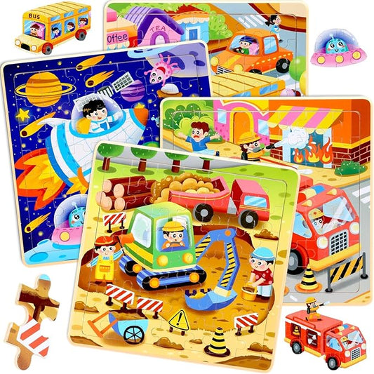 Puzzles for Kids Ages 4-6 - 48 Pcs Wooden Realistic Montessori Toddler Puzzles Ages 3-5 - Construction Vehicles Fire Rescue Space Learning Games for Boys and Girls 4-8 Year Olds