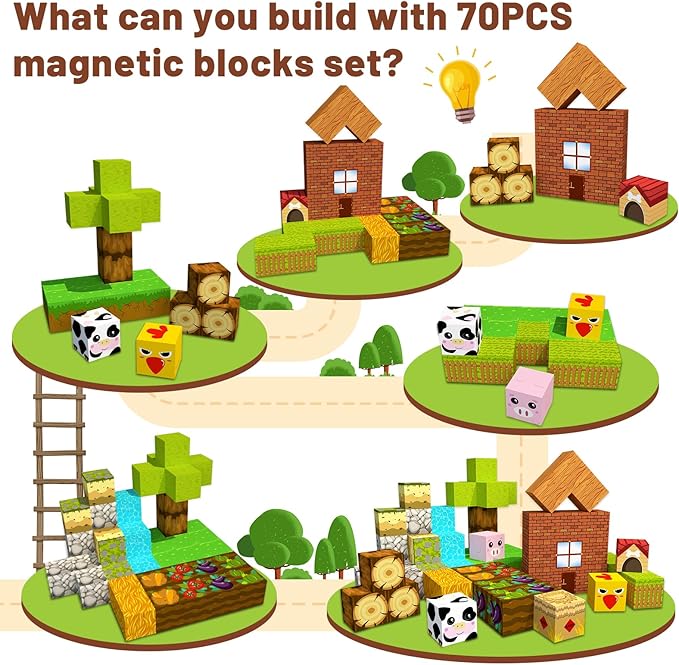 PLANEKO Magnetic Blocks Building Toys 1" Magnet Blocks Farm Magnetic Toys for Kids 4-8 STEM Sensory Montessori Toys for Toddlers Boys Girls Ages 3 4 5 6 7 8 9