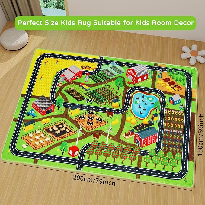 Kids Rug Play Mat for Toy Cars, 59"×78.7" Farm Life Road Traffic for Playroom Kids Car Road Rug Village Map Mat Farm Animals Washable Play Carpet for Toddlers Boys Room Family Tummy Time Playtime