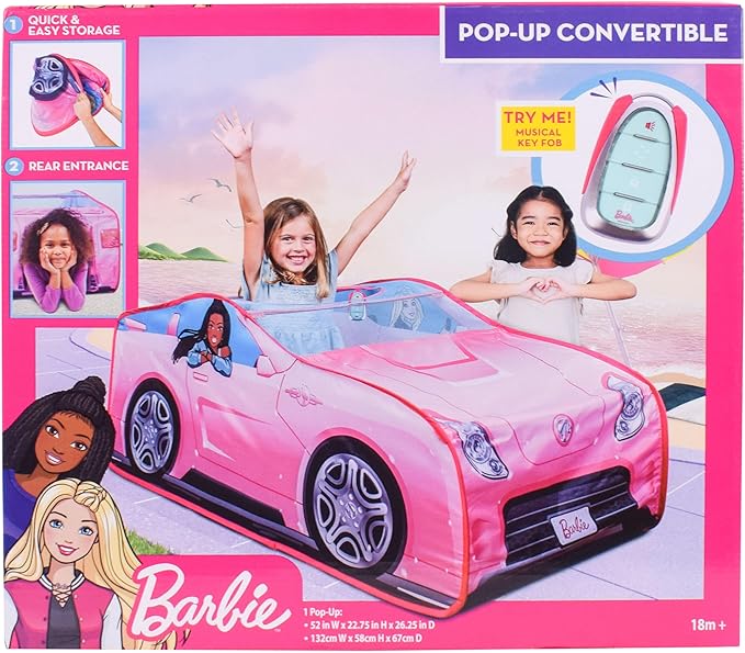 Barbie Convertible Pop Up Tent - Pink Princess Playhouse Car Toy with Sounds & Key Fob, Indoor and Outdoor Play