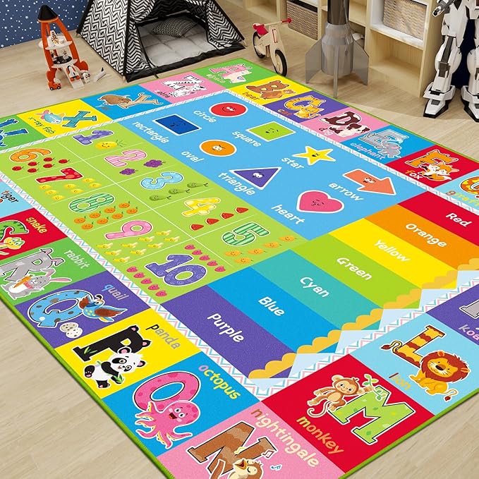 ABC Carpet, Kids Rugs for Playroom, Educational Play Mat for Kids, Preschool Rugs with ABC, Numbers, Animals Learning Carpet for Bedroom Playroom Classroom Baby Toddler Children (Green, 59X39.4 INCH)