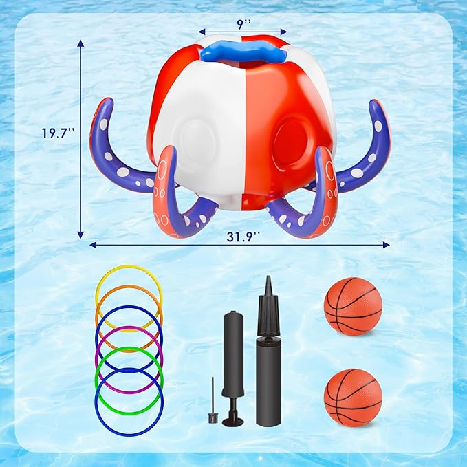 Pool Wave Kids Octopus Pool Toys, 2-in-1 Inflatable Float Water Game Basketball Hoop Ring Toss Outdoor Swimming Cool Summer Family Party Gift 3 4 5 6 7 8 Yr Old Boy Girl Child-Blue Red White